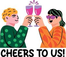 Flat style typographic sticker of two characters doing cheers vector