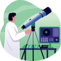 A flat illustration of a scientist observing stars with a telescope vector