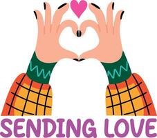 Making heart with hands with sending love typography, flat sticker vector