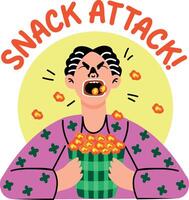 Flat style sticker of a character eating popcorns with snack attack typography vector