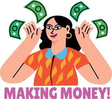 A flat style typographic sticker showing a character making money vector