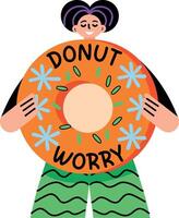 A flat typographic sticker of a character holding a large donut vector