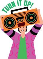 Flat style sticker of a character enjoying music vector
