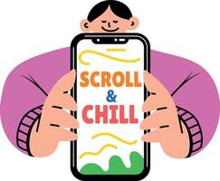 A flat sticker of a character doing scrolling on a mobile vector