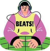 Flat sticker of a character listening music with beats typography vector