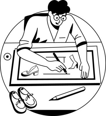 A glyph illustration of a character doing shoe sketching