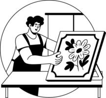 A glyph illustration of a character making flower painting vector