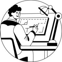 A glyph illustration of a character Blueprinting a design with pencil vector