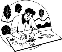 A glyph illustration of a character making leaf artwork vector