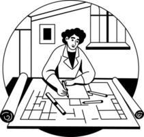 A glyph illustration of a character doing drafting vector