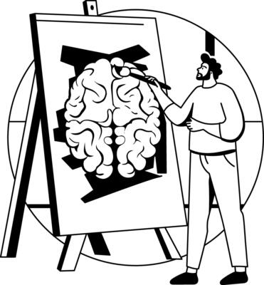 A glyph illustration of character doing canvas painting