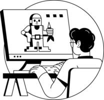 A glyph illustration of a character making pixel art on system vector