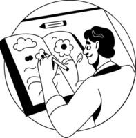 A glyph illustration of a character making hand drawing on a sketchbook vector