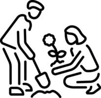 Volunteers planting flower in garden, line style icon vector