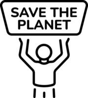 A character holding a chart written save planet on it, line icon vector