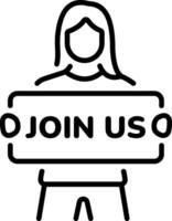 A character holding a board written join us, line style icon vector