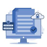 Data protection concept. Computer screen with padlock and cloud storage. Flat design illustration. vector