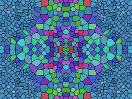 A colorful symmetrical mosaic pattern with blue, green, purple, and red hues, resembling a stained glass window with intricate geometric shapes. vector