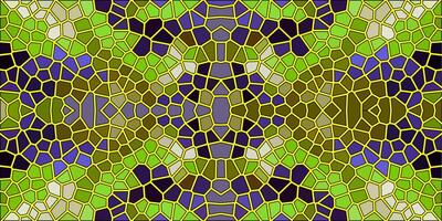 A symmetrical mosaic pattern with green, gold, and purple hues, resembling stained glass with intricate geometric shapes and a structured, artistic design. vector