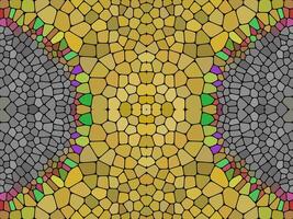 A symmetrical mosaic pattern with golden, gray, and multicolored tiles, resembling stained glass with intricate geometric shapes and a warm, artistic design. vector