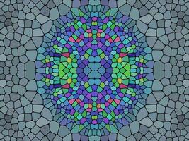 A colorful, symmetrical mosaic pattern with an abstract stained-glass effect, featuring shades of blue, green, purple, and pink against a gray background. vector