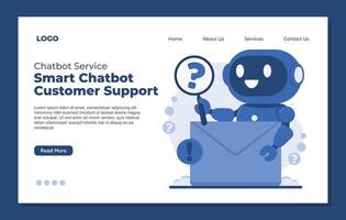 landing page template for chatbot. Cute cartoon robot with question mark and envelope. vector