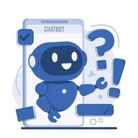 AI chatbot service for instant chat bot customer support illustration of a cute robot with question marks on a smartphone screen. vector