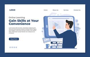 Landing page template for online learning course with tutorials. Flat design illustration. vector