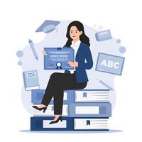 online course certification sitting on stack of books and holding diploma in her hands. vector