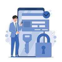 Smartphone security concept. illustration in flat style. Businessman with smartphone and padlock. vector