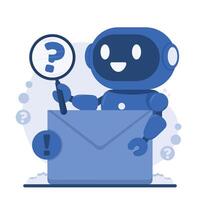 AI chatbot service for instant chat bot customer support Funny robot holding a magnifying glass and a letter. illustration vector