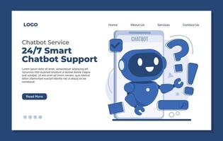 landing page template AI chatbot service for instant chat bot customer support with cute cartoon robot. Flat style design. vector