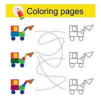Educational game for kids. Go through the maze and color a cartoon excavator according to the pattern. vector