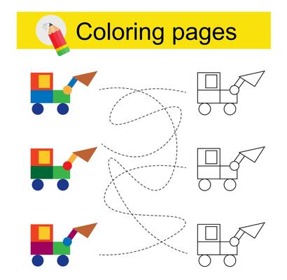Educational game for kids. Go through the maze and color a cartoon excavator according to the pattern.