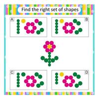 Logic puzzle for children. Find the correct set of cartoon flowers. Answer is B. vector