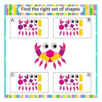 Logic puzzle for kids. Find the correct set of cartoon crab. Answer is B. vector