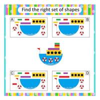 Puzzle for kids. Attention task. Find the correct set of cartoon ship. Answer is B. vector