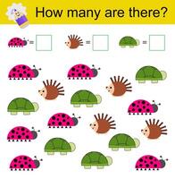 Math activity for kids. Developing numeracy skills. Cartoon turtle, hedgehog, ladybug. vector