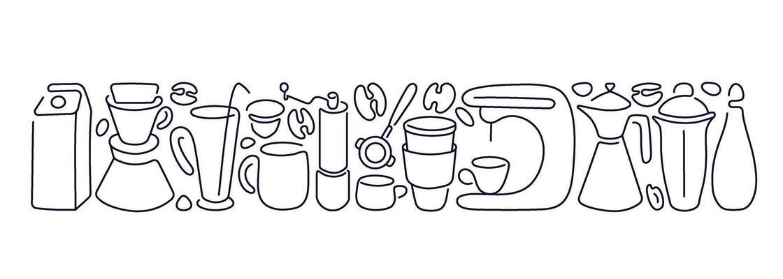 Cafe, coffee bean, tea, cocktail. Art line border