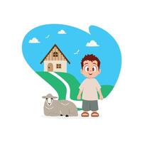 a happy young boy standing beside a resting sheep in a countryside vector