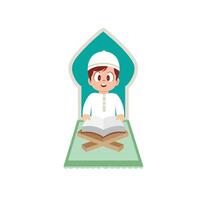 He is sitting on a prayer mat with a cheerful expression while reading vector