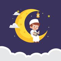 He is sitting on a bright yellow crescent moon, holding and reading the Holy Quran with a peaceful expression vector