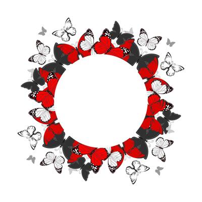 Round frame of red and white flying butterflies, poster. Wall art, illustration