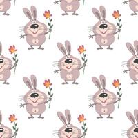 Seamless pattern, cute cartoon bunnies with a flower. Children's print, textile vector