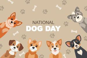 International Dog Day banner with cute dogs on beige background with paw prints and bones. Flat style illustration. vector