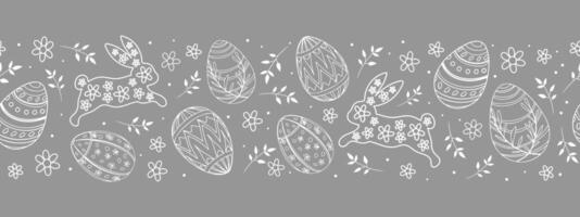 Horizontal seamless pattern with Easter bunnies, flowers and decorated eggs. Easter hand drawn background for textiles, cards, banners vector