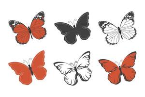 Set of cute red, white and black butterflies on a white background. Print, illustration vector