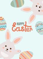 Happy easter. Easter eggs and rabbits on blue background. Can be add text. Design for banner, poster, postcard. EPS10. vector