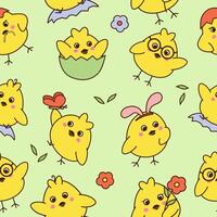 Seamless pattern with cute little chickens on green background. vector