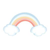 Cute colorful pastel rainbow with clouds on white background. Design for kids coloring page, weather forecast icon and more. vector